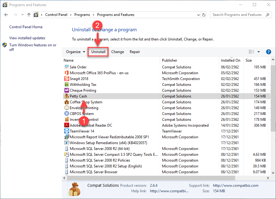เลือก Petty Cash แล้วคลิกที่ Uninstall