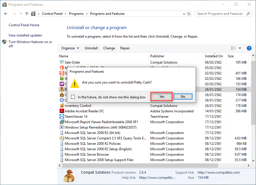 คลิกที่ Yes เพื่อทำการ Uninstall
